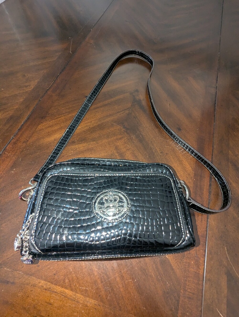 2000s Kathy Van Zeeland Black Faux Crocodile Crossbody Purse Orange/Gold Lining - Picture 5 of 14
